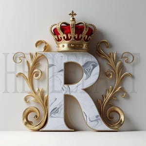 Descarga digital Monograma letra R con corona, alfabeto real inicial elegante impresión artística AI, decoración de pared imprimible Foto de stock