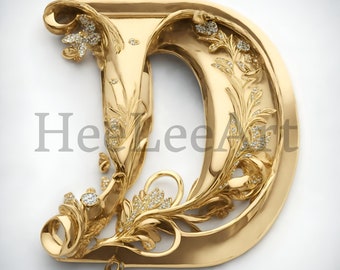 Letter D Platinum Golden Alphabet Monogram Initials On White Background Digital Download, 4 ft Ready to Print Art Print, AI Art, Stock Photo