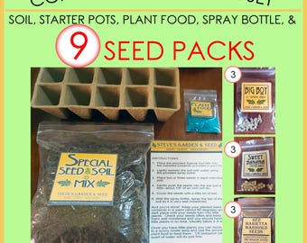 May include: A complete seed starter set with nine seed packs, including Big Boy Tomato Seeds, Sweet Banana Pepper Seeds, Red Marietta Marigold Seeds, and a bag of Special Seed & Soil Mix. The set also includes a tray of starter pots, plant food, and a spray bottle.