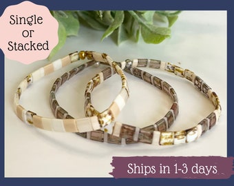 Miyuki Tila Bead Bracelet: Beige Marbled Tile Bracelet Stack