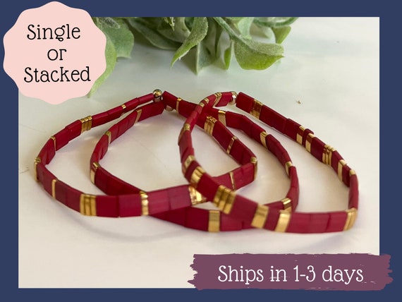 Red & Gold Tila Bead Bracelet: Waterproof Stretchy Tile Bracelet