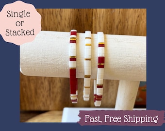 Miyuki Tila Bead Bracelet: Red, White & Gold Stretchy Stack