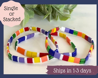 Rainbow Tila Bead Bracelet: Stretchy Glass Tile Bracelet for Women