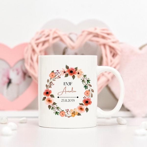 Mug future mariée, EVJF, mug enterrement de vie de jeune fille, tasse evjf, cadeau evjf, cadeau future mariée, mug fleurs, EVJF personnalisé