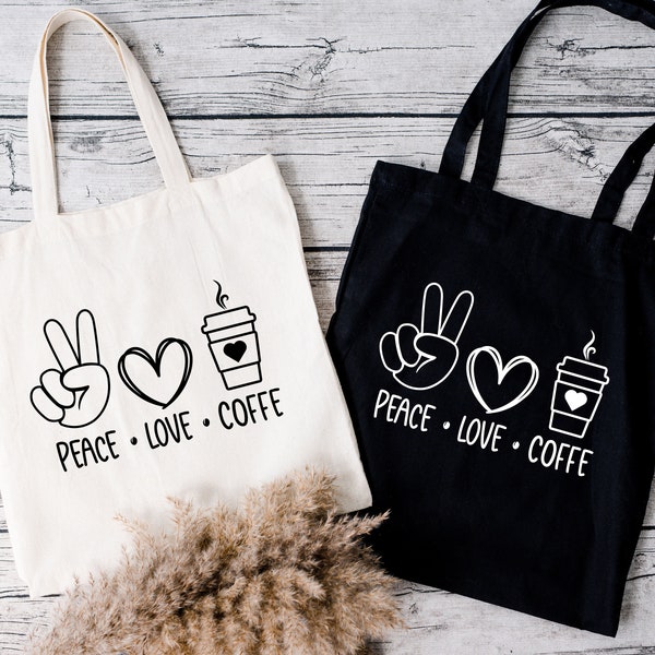 Tote Bag Peace Love Coffe, Sac de courses, cadeau femme, sac vacances, cadeau noël, fourre-tout, sac amateurs de café, tote-bag café, coffe