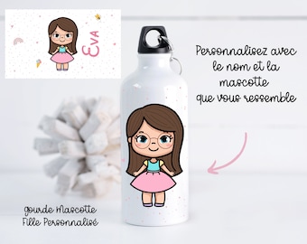 Gourde Mascotte Fille personnalisé, gourde prénom, cadeau anniversaire, gourde isotherme, bouteille aluminium personnalisé, gourde enfant