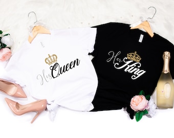 Matching couple t-shirts, set of 2 Queen and King tshirts, matching couple top, valentines gift, white t-shirt for women, couple tshirt