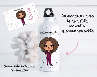 Gourde personnalisé Mascotte Aide-soignante + prénom, gourde femme, cadeau personnalisé aide-soignante, gourde isotherme personnalisé 600ml