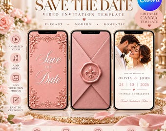 May include: Three smartphone screens displaying an animated Save the Date video invitation template. The screens show a floral border, a wax seal envelope, and a couple with the text Olivia and John, 24 10 2026, Château de Bellevue.