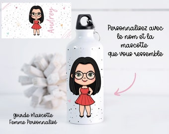 Gourde personnalisé Mascotte Femme, gourde femme, cadeau personnalisé original, gourde alluminium personnalisé 600ml, gourde mascotte femme