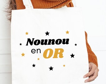 Tote Bag Nounou en Or, Sac de courses tissu, idée cadeau Nounou, sac Shopping, cadeau noël nounou, fourre-tout, nounou en Or