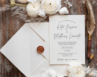 May include: A white wedding invitation with a gold wax seal. The invitation is for Kate Jasmin and Mathias Lecointe. The wedding will be held on September 28, 2023 at 1:30 PM at Mountain Hills Estate in San Diego, California. The invitation reads "C'est avec une immense joie que nous vous invitons à partager notre bonheur lors de notre union par les liens du mariage le Sept 1 281 2023 A 13H30 Mountain Hills Estate, 123 Mountain Street, San Diego, CA Reception après la cérémonie."