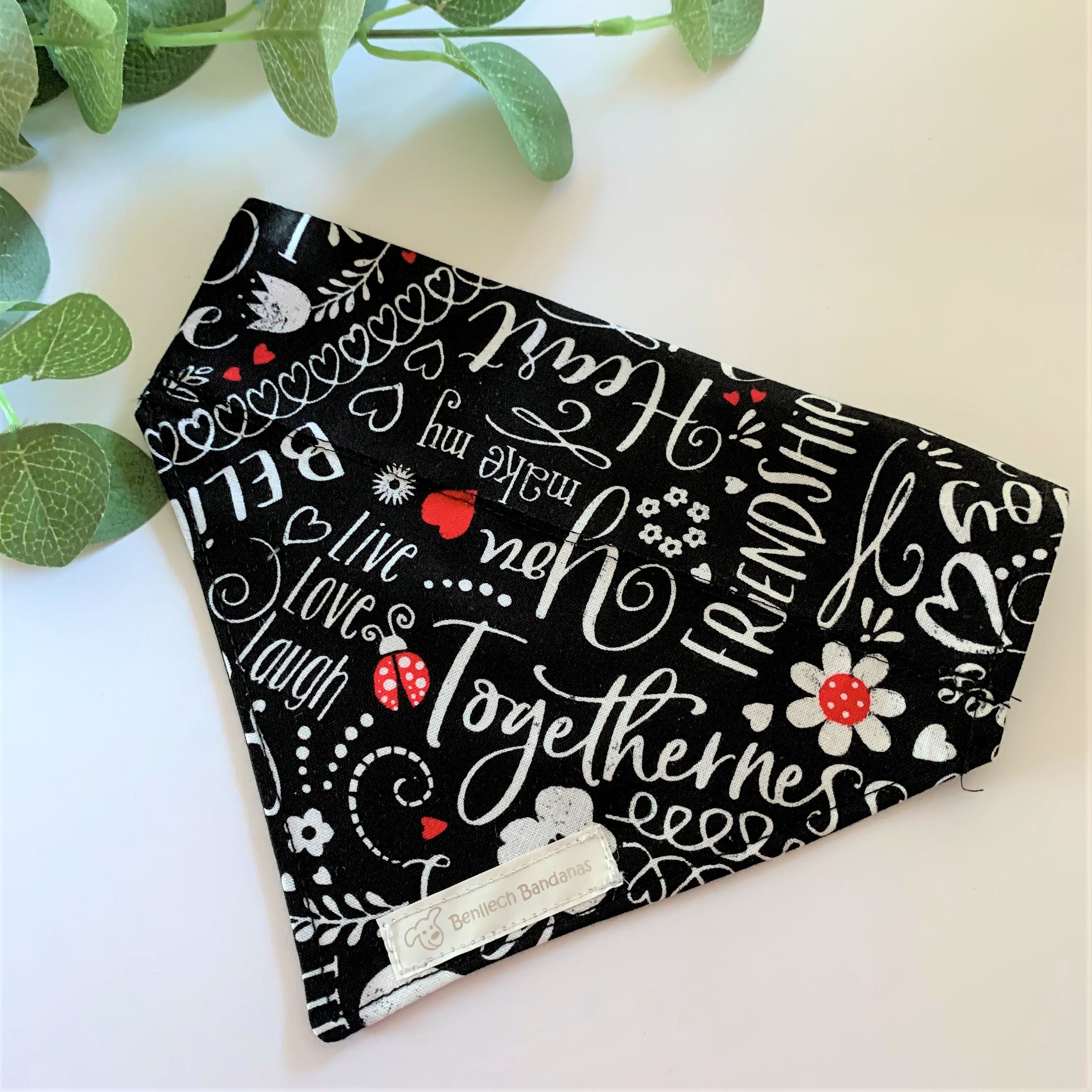 Black Dog Bandana Handmade Happy Words Doggy Bandanas Cute Etsy
