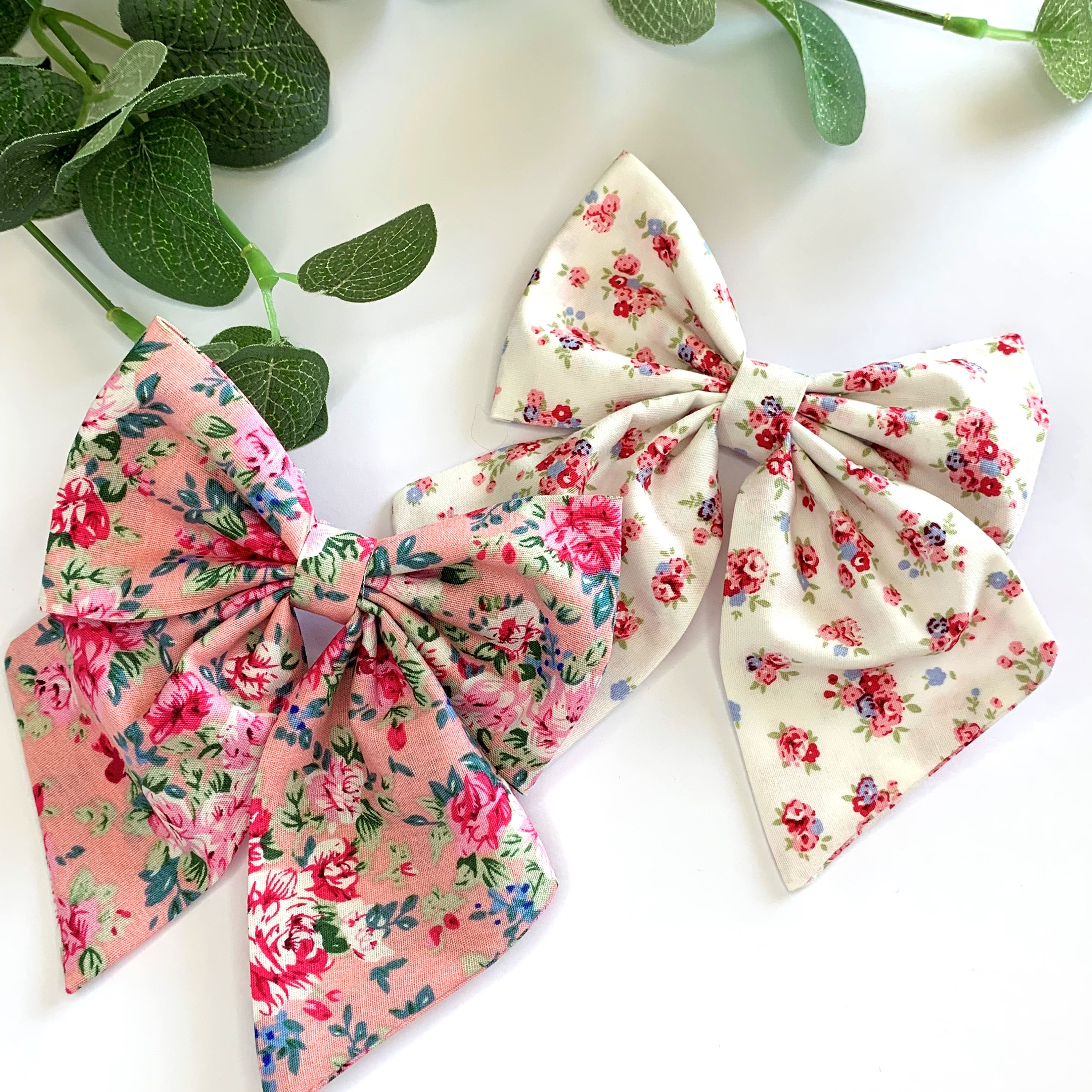 Handmade Summer Dog Bows - Cute Pink White / Floral Print Doggy Collar Bow - Puppy Pet Neckwear Bowtie / Sailor Bow