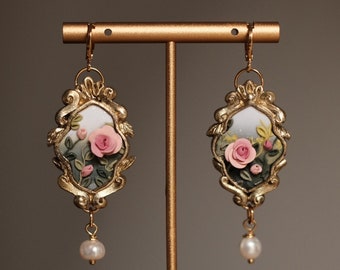 Gold Framed Pink Rose Painting Earrings with Freshwater Pearls | Lightweight Handmade Floral Clay Earrings, Gold plated brass Ear wire