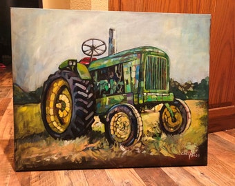 Handmade Acrylic Painted Picture Tractor, unique 24x30 inches