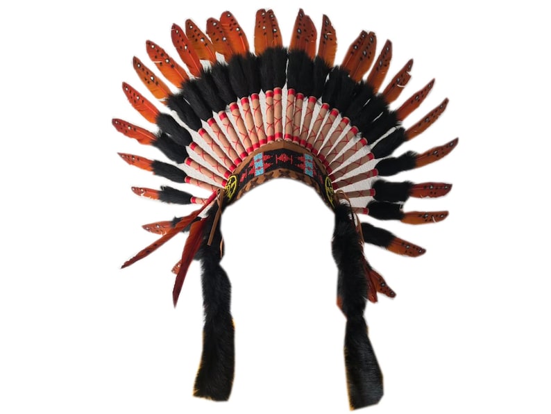May include: A brown and black feathered headdress with red and white accents. The headdress is made of feathers, beads, and leather.
