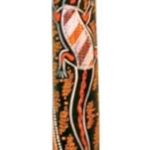 May include: A wooden didgeridoo with intricate orange, black, and white painted designs. The didgeridoo features a lizard design.