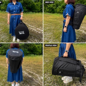 May include: A black Terre brand musical instrument case and backpack. The case is round and has a handle. The backpack is black and has adjustable straps. The person in the image is wearing a blue denim dress and holding the case.