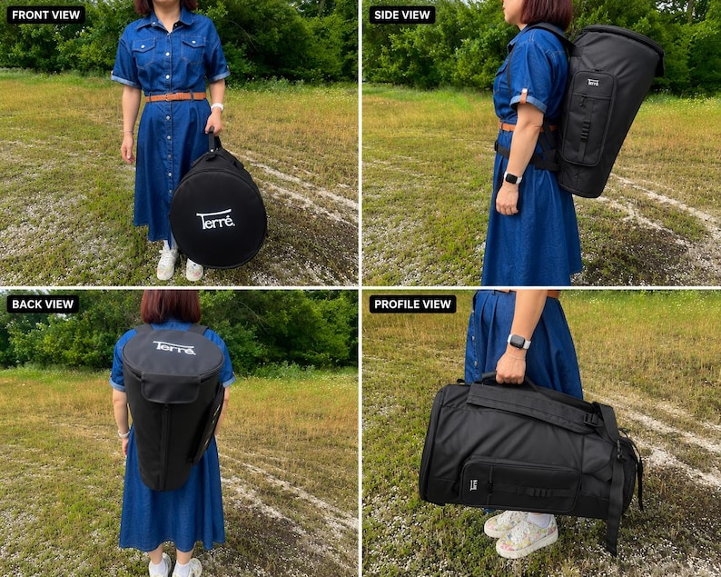 May include: A black Terre brand musical instrument case and backpack. The case is round and has a handle. The backpack is black and has adjustable straps. The person in the image is wearing a blue denim dress and holding the case.