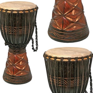 Terre Djembe Afrika Standard line carve, 20 tall 9-69.5 head, 24 tall 10.5-11 head, 26 tall 13 head 20 inches