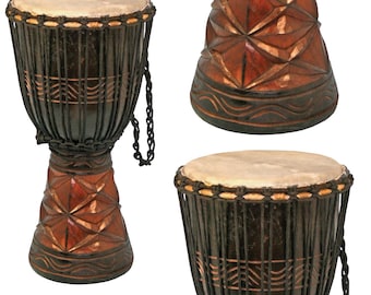 Terre Djembe Afrika Standard line carve, 20" tall 9-69.5" head, 24" tall 10.5-11" head, 26" tall 13" head
