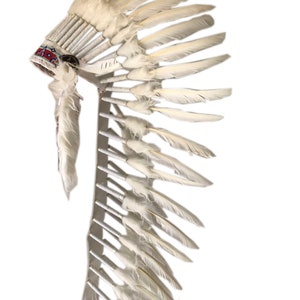 May include: A white feather headdress with a beaded band. The headdress is made of many feathers that are arranged in a fan shape. The beaded band is decorated with red, blue, and white beads.