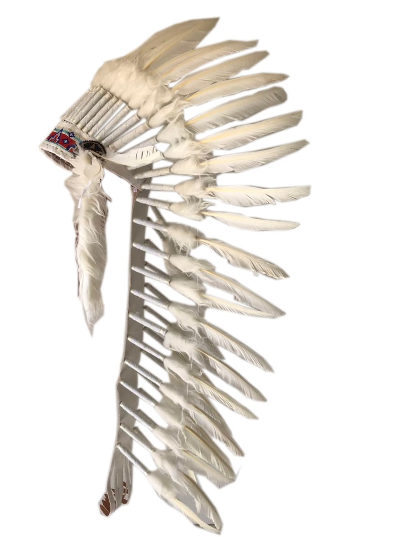 May include: A white feather headdress with a beaded band. The headdress is made of many feathers that are arranged in a fan shape. The beaded band is decorated with red, blue, and white beads.