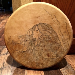 Shaman drum round 16&quot; with goat skin, Hand Drawn Picture, Frame Drum, handmade