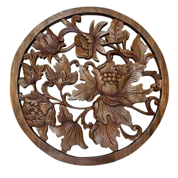 Hand-Carved Teak Wood Floral Circular Frame – 24 inch Round Wall Hanging Decor - Circle Sculpture Home Art Panel - Artisan Crafted Wall Art