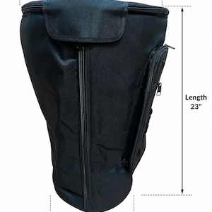 May include: Black bag with a top diameter of 16 inches, a bottom diameter of 11 inches, and a length of 23 inches. The bag has a zippered main compartment, a side pocket with a zipper, and a flap closure.