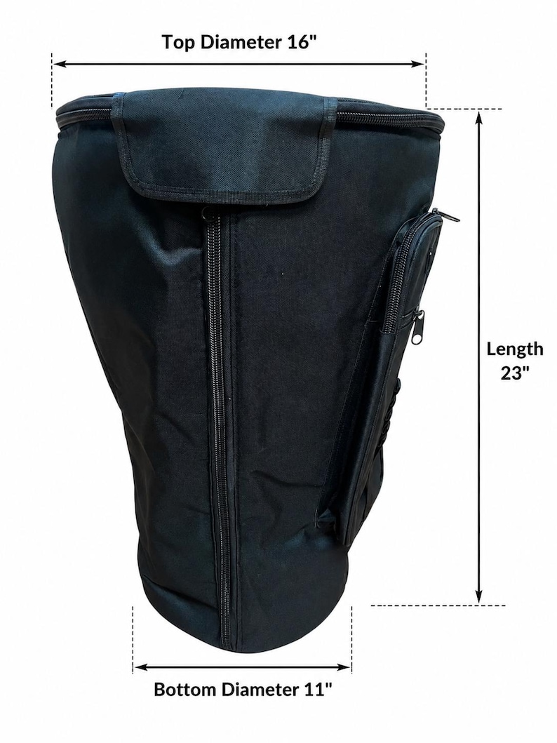 May include: Black bag with a top diameter of 16 inches, a bottom diameter of 11 inches, and a length of 23 inches. The bag has a zippered main compartment, a side pocket with a zipper, and a flap closure.