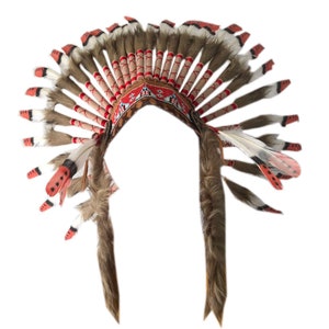 May include: A brown and red Native American headdress with feathers. The headdress has a beaded band with a geometric pattern.