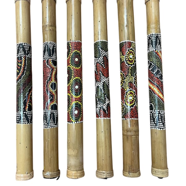 Terre bambu regnpinne, regnmakare 64 cm 81 cm 102 cm 112 cm 129 cm målad, bränd, grott- eller maoridesign