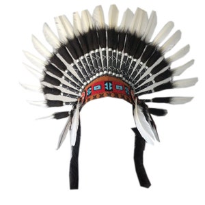 May include: A traditional Native American headdress with white and black feathers, a red and black beaded band, and black braided ties.