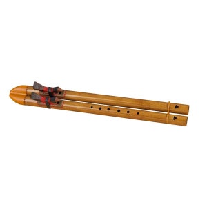 May include: Two wooden flutes with a natural finish are shown. The flutes are bound together with black and red straps. Each flute has several finger holes and a triangular opening at the end.