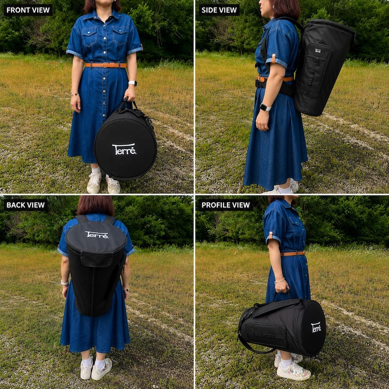 May include: A black Terre brand duffel bag and backpack set. The duffel bag is cylindrical with a handle, and the backpack is designed to carry a large, round object. Both bags have the Terre logo in white.