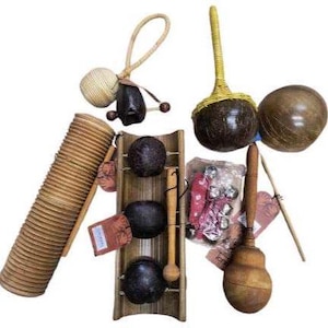 7 pieces percussions, Rattan Maraca, Maracas, Agogo, Hook-and-loop with tiny iron tinker bells, Agogo Fruit, Cocos drum, Guiro Shaker