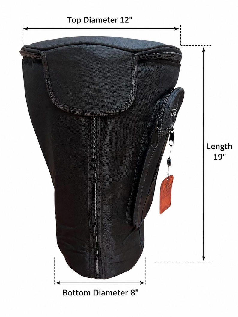 May include: Black padded drum bag with a top diameter of 12 inches, a length of 19 inches, and a bottom diameter of 8 inches. Features a zippered main compartment, a front pocket, and a tag.
