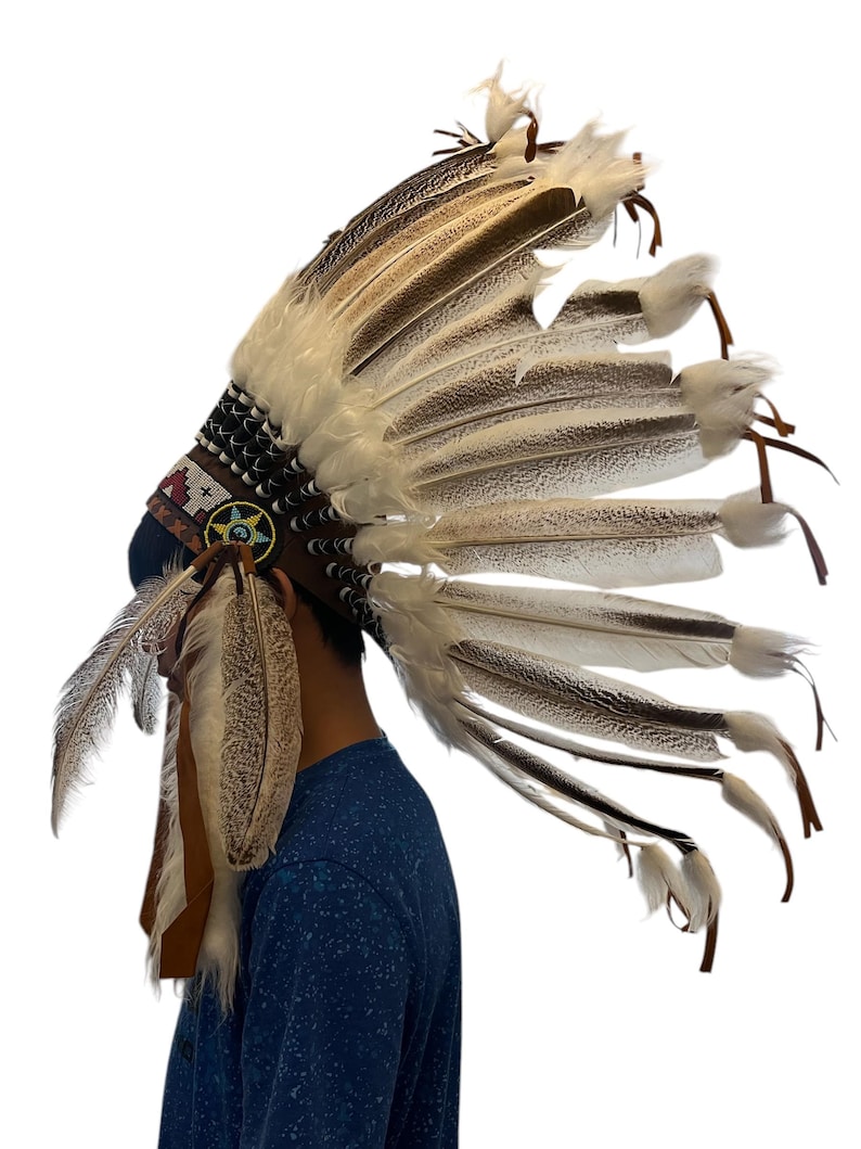 May include: A traditional Native American headdress with white and brown feathers, a leather band, and beaded accents.