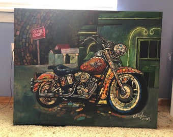 Handmade Acrylic Painted Picture Harley-Davidson Motorcycle, unique 24x30 inches