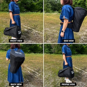 May include: Black duffel bag and backpack set with the word "Terre" printed on them. The duffel bag is held by a person wearing a blue denim dress. The backpack is worn on the back. The set is shown from front, side, back, and profile views.