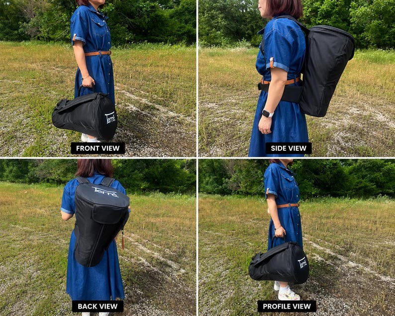 May include: Black duffel bag and backpack set with the word "Terre" printed on them. The duffel bag is held by a person wearing a blue denim dress. The backpack is worn on the back. The set is shown from front, side, back, and profile views.