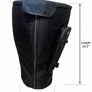 May include: Black cylindrical bag with a zippered closure, a small side pocket, and a flap. The top diameter is 16 inches, the bottom diameter is 11 inches, and the length is 25.5 inches.