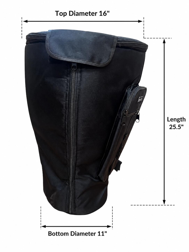 May include: Black cylindrical bag with a zippered closure, a small side pocket, and a flap. The top diameter is 16 inches, the bottom diameter is 11 inches, and the length is 25.5 inches.