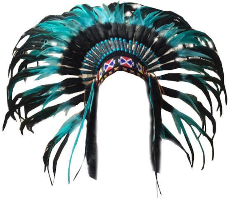 May include: A turquoise and black feather headdress with colorful beaded trim. The headdress is a traditional Native American style.