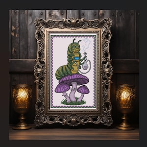 May include: A cross-stitch pattern in an ornate gold frame featuring a green caterpillar sitting on purple mushrooms. The caterpillar holds a blue cup and a smoking hookah pipe. The design includes a decorative border with small purple and green accents.