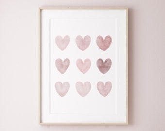 Pink Watercolor Hearts Print: Nursery Wall Art (Digital Download)