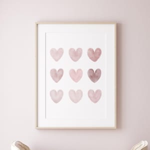 Pink Watercolor Hearts Print, Pink Nursery Wall Art, Blush Pink, Kids Wall Art, Girls Room Decor, Nursery Room Decor, Instant download