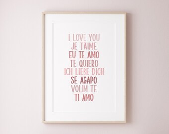 I Love You in Different Languages Print: Pink Watercolor Nursery Art (Digital Download)